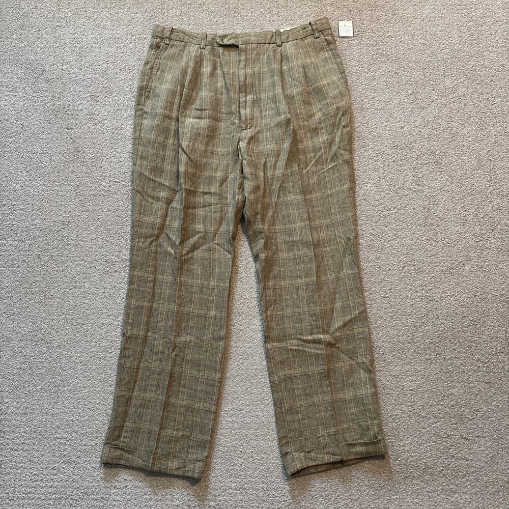 Alan Flusser Mens 100% Linen Pleated Cuffed Plaid Multi Dress Pants 38/30 NWT